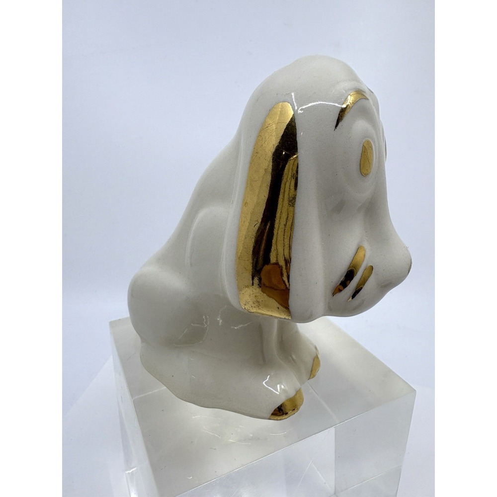 Vintage Ceramic Bassett Hound White & Gold Read*